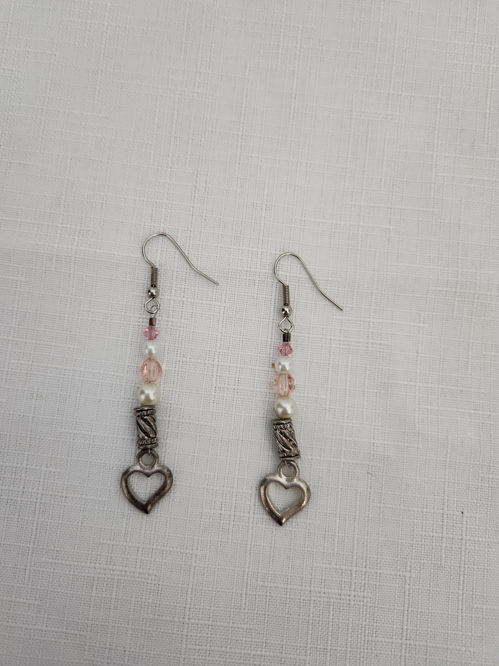 Silver-tone Pink Beaded Heart Drop Earrings